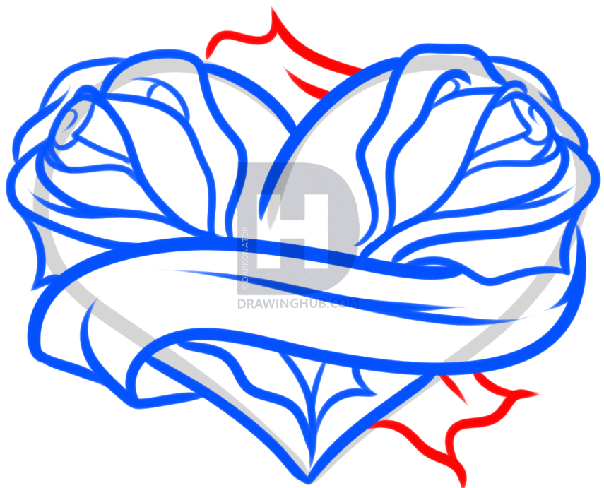 855x691 How To Draw Heart Roses Tattoo, Step