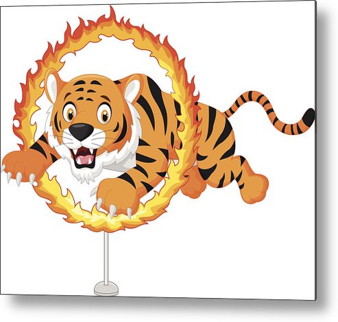 493x470 Cartoon Tiger Jumps Through Ring Of Fire Metal Print