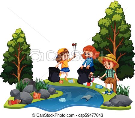 450x394 Kids Volunteering Cleaning Up River Illustration