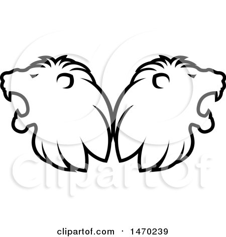 450x470 Clipart Of Black And White Roaring Male Lion Heads Back To Back
