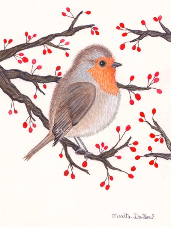 570x758 Bird Original Art Whimsical Robin Winter Illustration Cute Bird