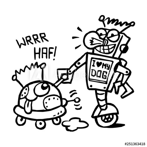 500x500 robot on a walk with a robotic dog, pet walking, black and white