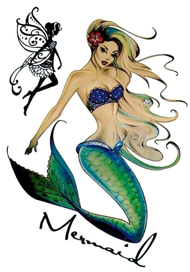 611x875 Vintage Mermaid Temporary Fairy Tattoo Rockabilly Pin Up Tempotats