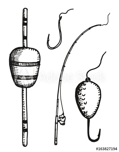 393x500 Fishing Rod Float And Hooks Vector Hand Drawing