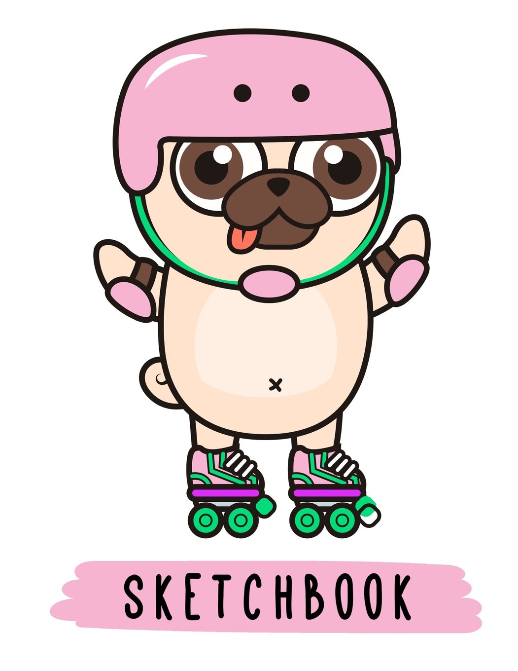 1051x1360 sketchbook cute pug dog on roller skates, large blank sketchbook