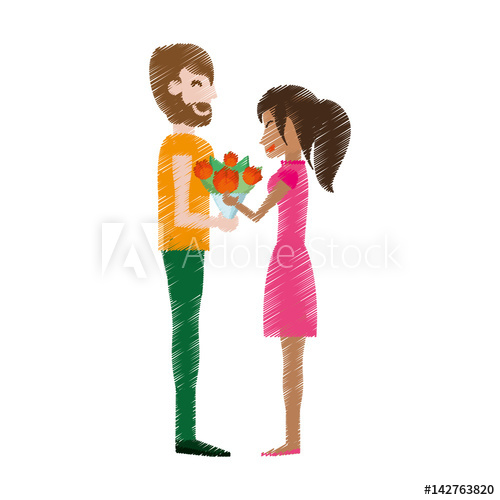 500x500 Drawing Couple Romantic Bouquet Flowers Vector Illustration