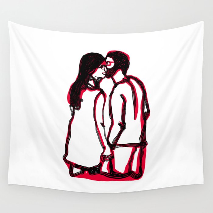 700x700 Romantic Kiss Line Drawing In White And Red Wall Tapestry