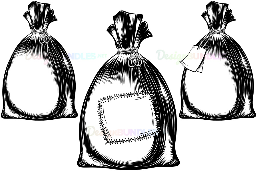 900x600 Vector Sack Bag Rope Monochrome Sketch Ink Hand Drawing Icon Set