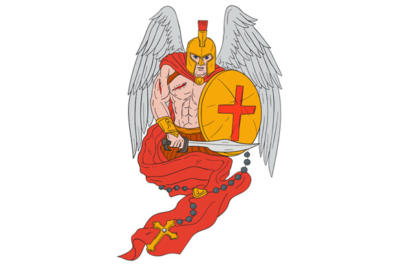580x386 Spartan Warrior Angel Sword Rosary Drawing