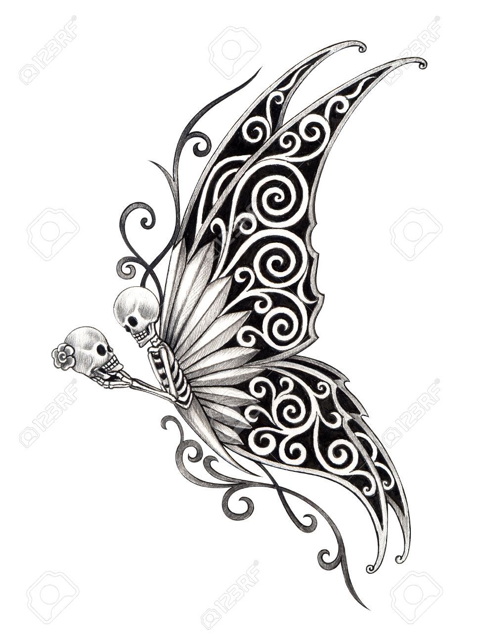 979x1300 Art Skull Butterfly Tattoo Hand Drawing On Paper Stock Photo
