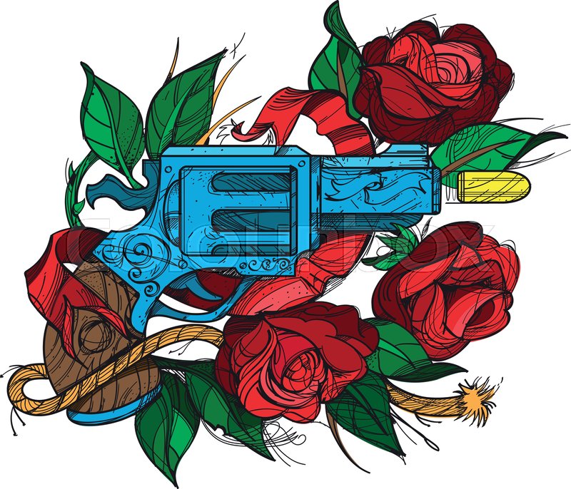 800x686 Gun And Roses Tattoo Hand Drawing Stock Vector Colourbox