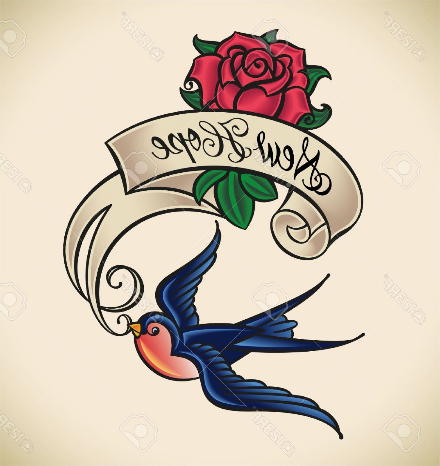 1476x1560 Photoold School Styled Tattoo With A Swallow Banner And Rose