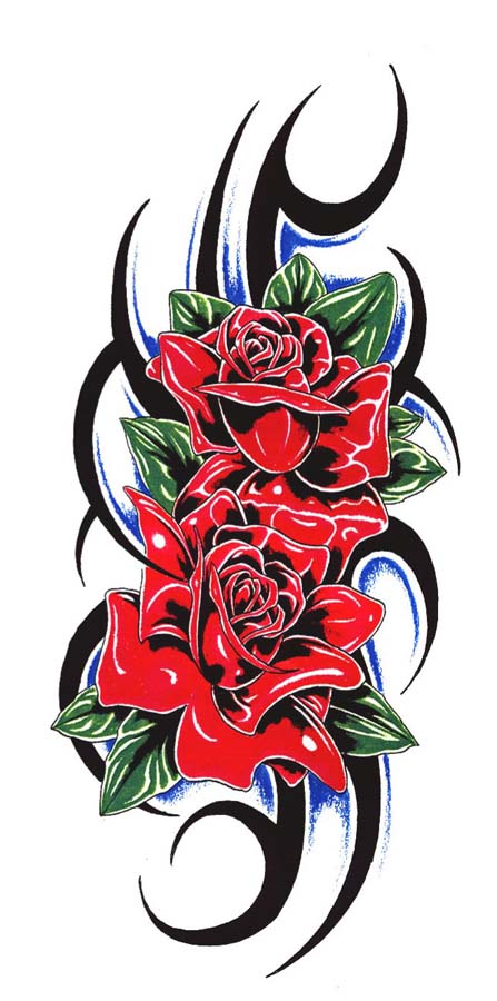 447x900 Tribal Red Roses Tattoo Design With Green Leaves