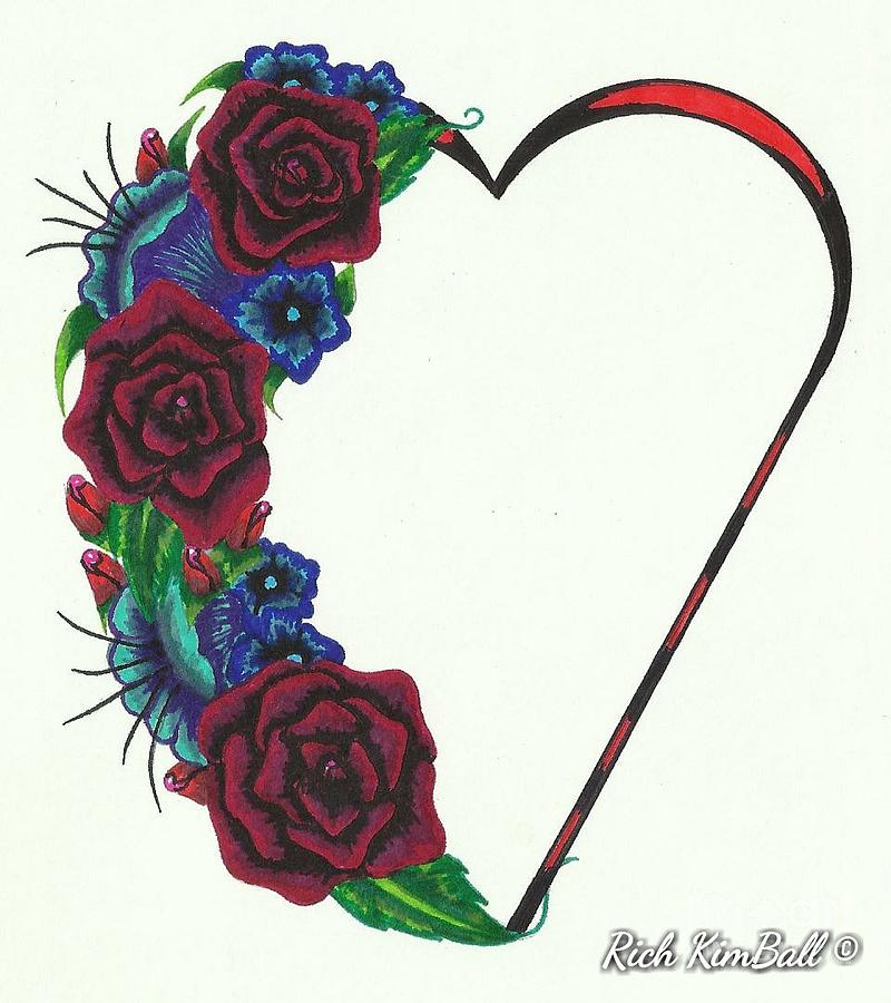 800x900 Love Heart With Flowers And Roses Drawing