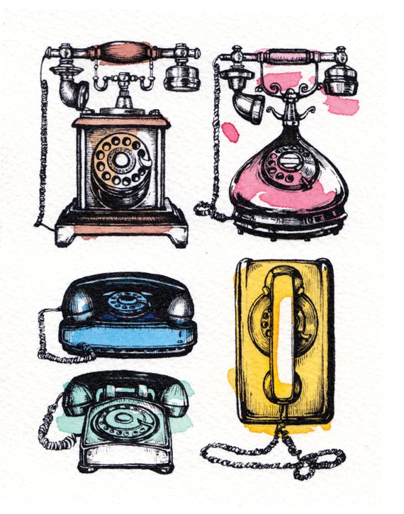 570x725 Vintage Telephones Ink And Watercolor Illustration, Rotary Dial