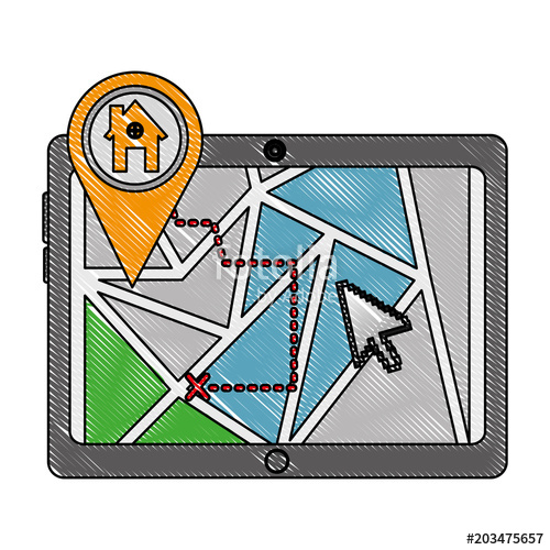 500x500 Tablet Pc With Map Pin Navigation Route House Vector Illustration