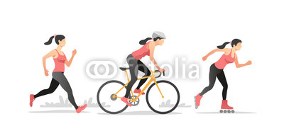 400x195 Set Of Linear Drawing Active Young Woman Roller Skating