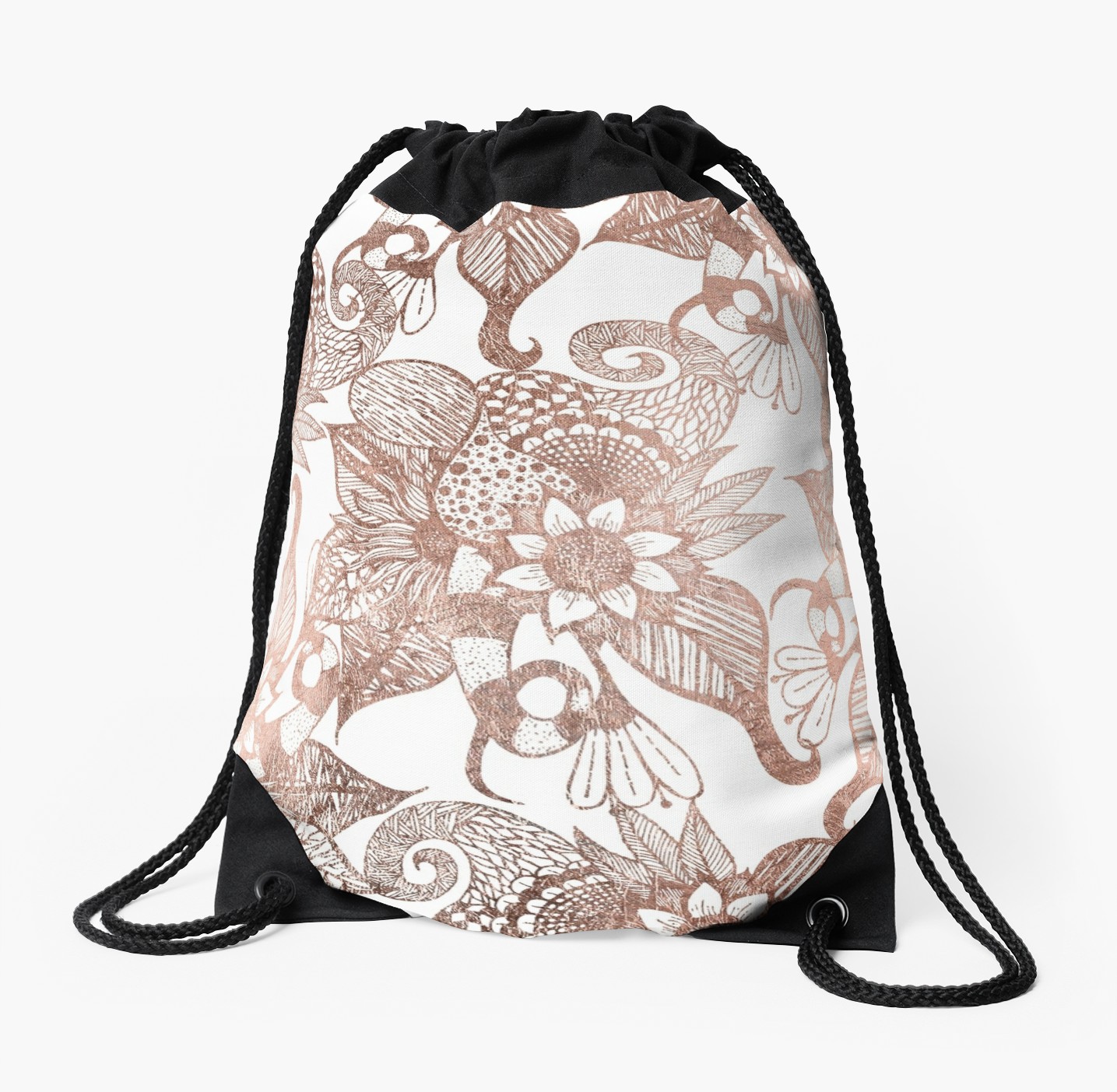 1435x1404 Vintage Faux Rose Gold Rustic Floral Drawings Drawstring Bag