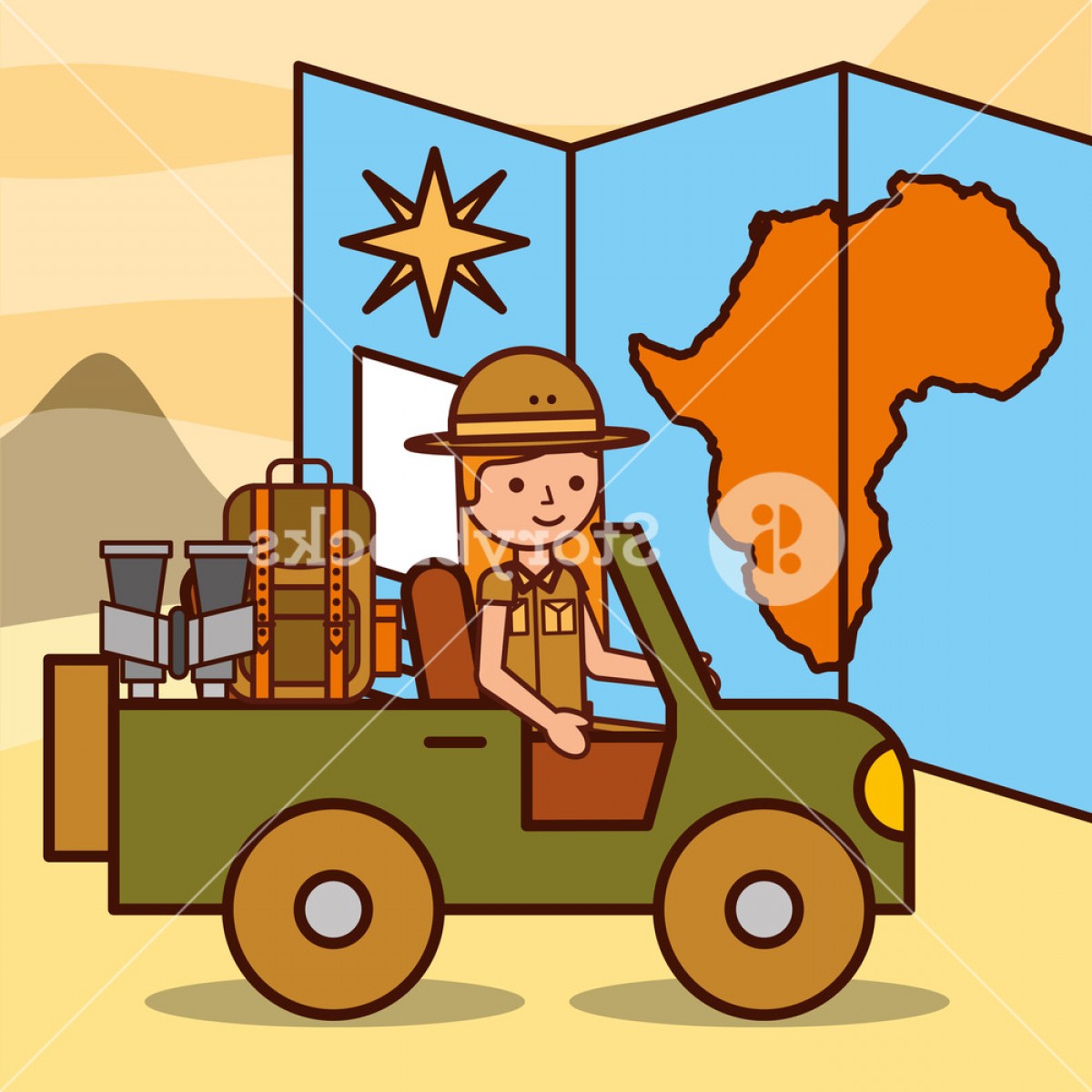 1200x1200 safari girl explorer driving jeep with map rucksack and binoculars