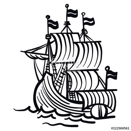 500x500 Hand Drawn Sailing Ship With Strong Swells In Black And White