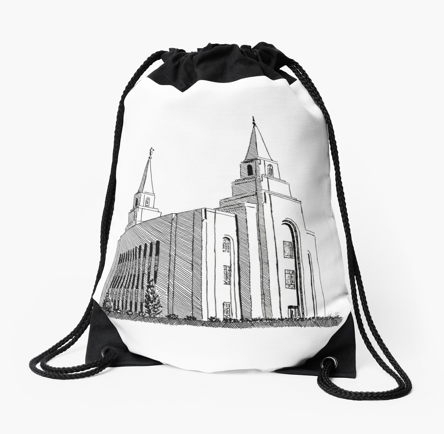 1435x1404 kansas city lds temple ink drawing drawstring bag