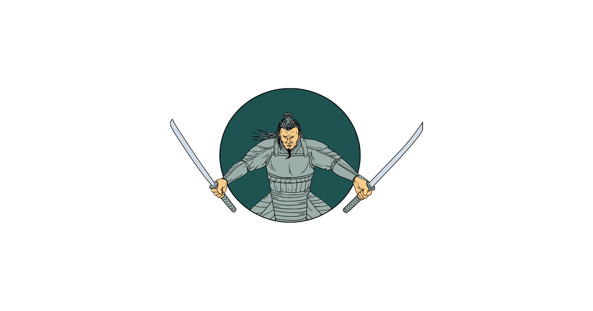 1200x630 Samurai Warrior Wielding Two Swords Oval Drawing