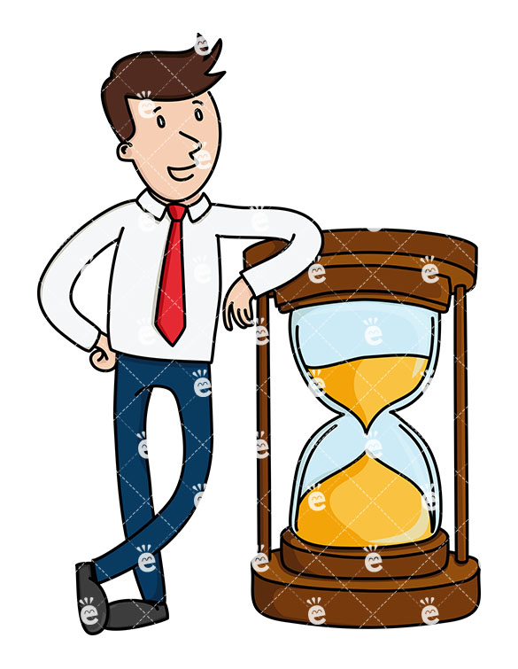 585x755 A Businessman Leaning Against A Life Sized Sand Timer
