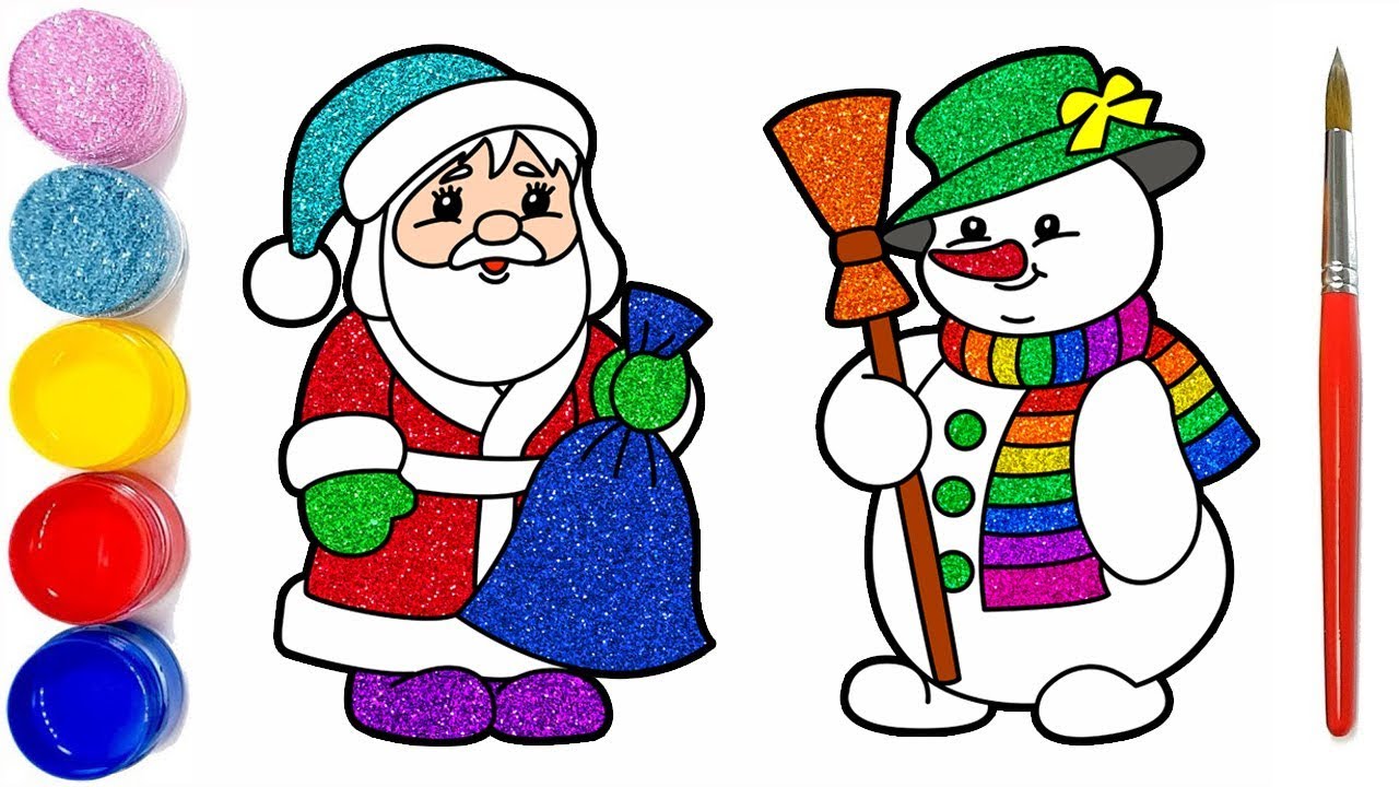 1280x720 Glitter Santa Claus And Snowman Drawing Coloring For Kids
