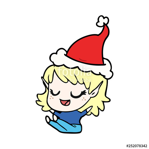 500x500 Happy Line Drawing Of A Elf Girl Sitting Wearing Santa Hat Stock