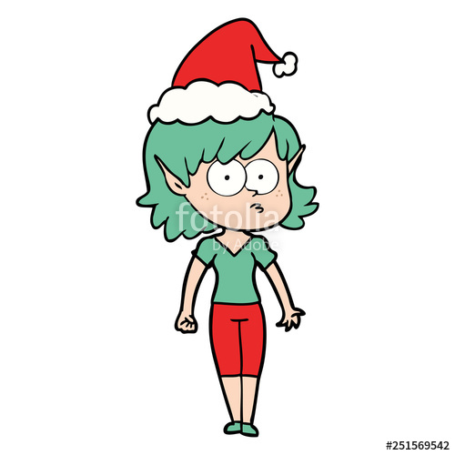 500x500 line drawing of a elf girl staring wearing santa hat stock image
