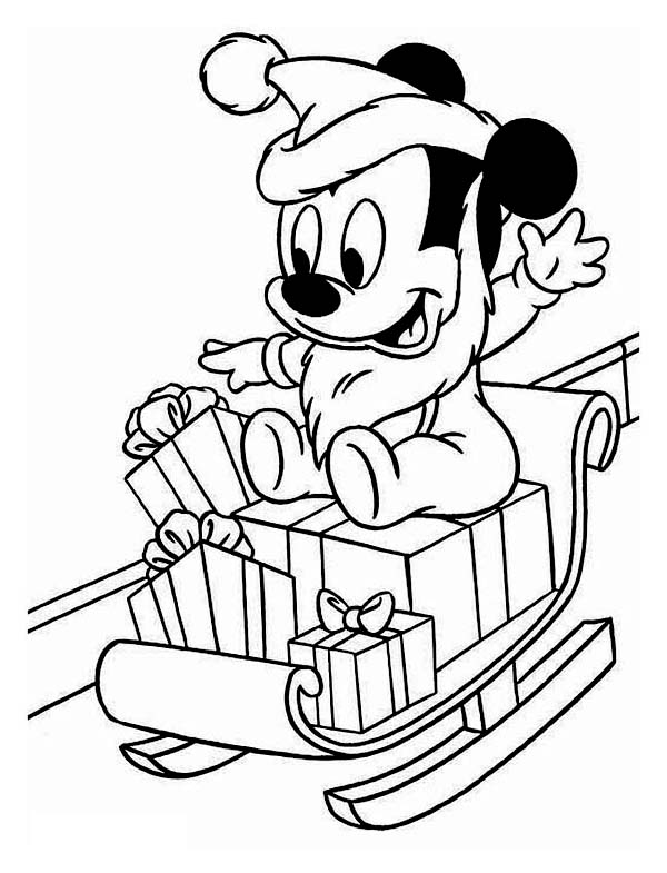 600x785 Baby Mickey Playing With Santa Clauss Sleigh On Christmas Coloring