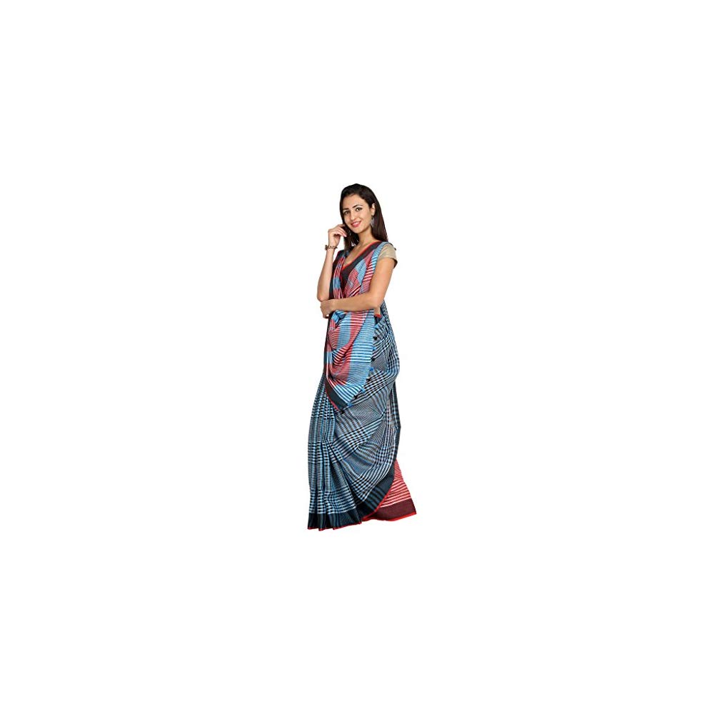 1000x1000 tanya blue and red check style handloom linen saree
