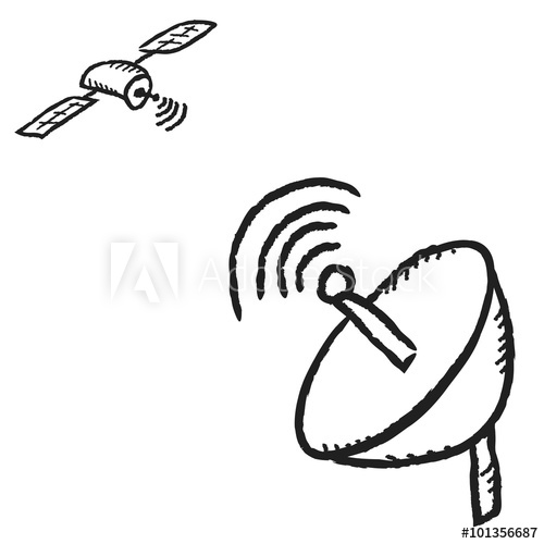 500x500 doodle satellite dish and communications satellite, illustration