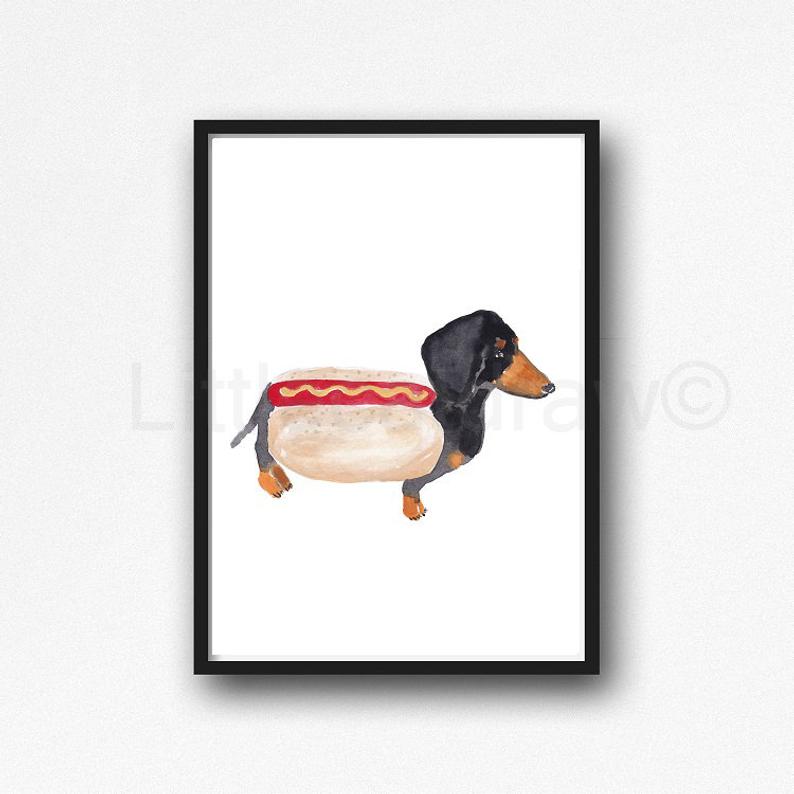 794x794 Hot Dog Sausage Dog Print Dachshund Watercolor Painting Print Etsy