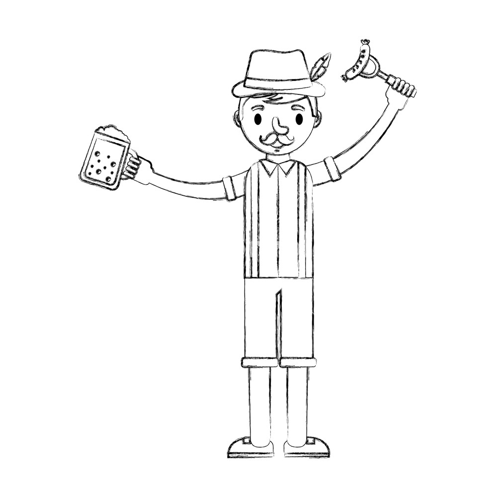 1000x1000 bavarian man holding beer and sausage on fork vector illustration