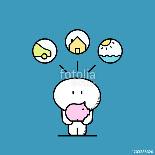 500x500 Cute Funny Man With Piggy Bank Or Money Box, Car, House, Sun