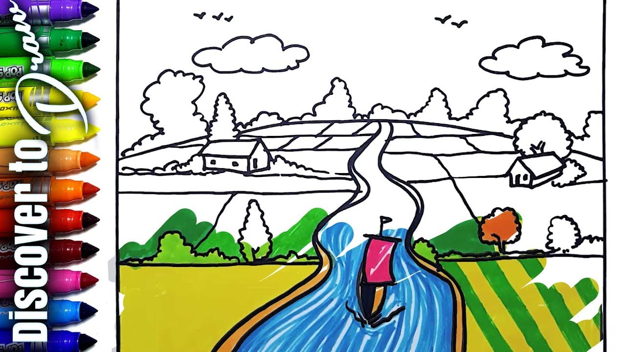 1280x720 Draw And Color Village Scenery With River And Boat,house Drawing