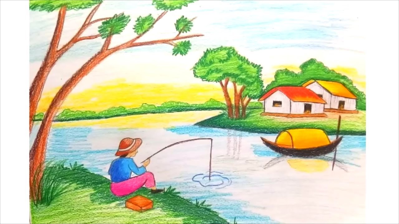 1280x720 How To Draw Scenery Of Fishing Step