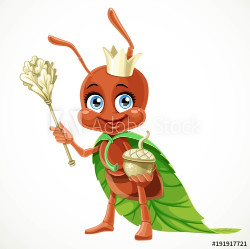500x499 cute cartoon ant queen in a cloak of green leaves with an acorn