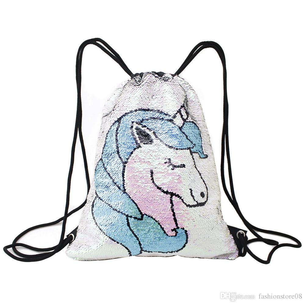 1000x1000 Unicorn Heart Pineapple Flamingos Sequin Backpack Drawstring