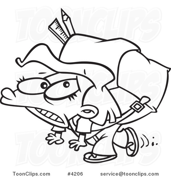 581x600 Cartoon Black And White Line Drawing Of A School Girl With A Heavy