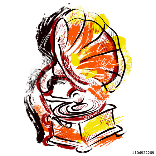 500x500 Gramophone Hand Drawn Grunge Art Style Retro Vector Illustration