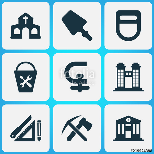 500x500 construction icons set with drawing set, towers, scraper and other