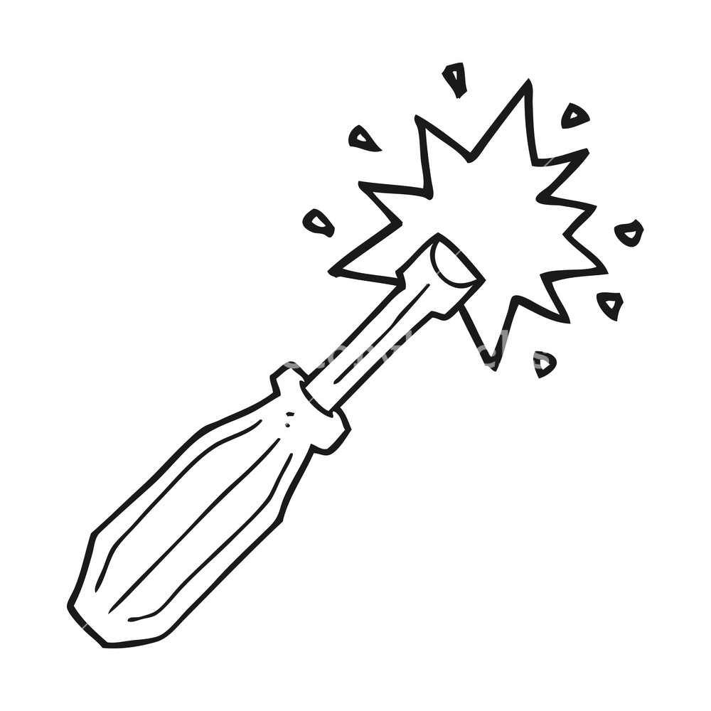 1000x1000 Freehand Drawn Black And White Cartoon Screwdriver Royalty Free