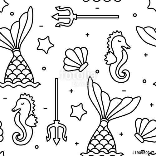 500x500 Sea Concept Black Outline Seahorse Mermaid Seamless Pattern Stock