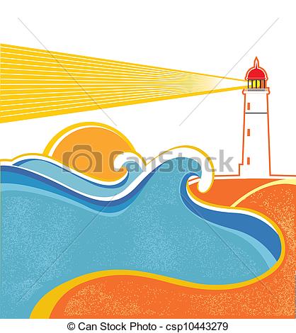 418x470 seascape horizon vector illustration with lighthouse on white