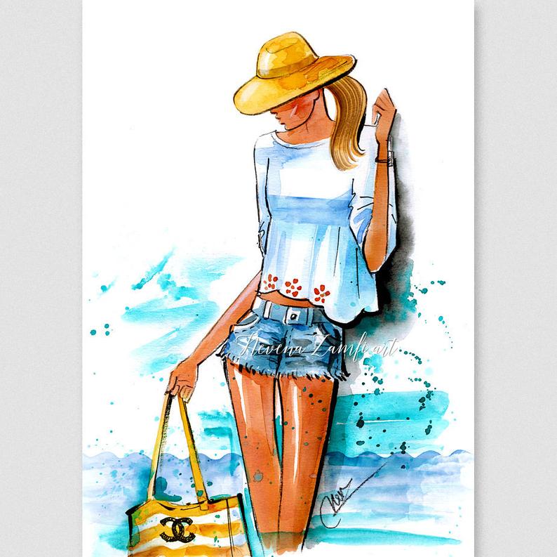 794x793 Fashion Girl Summertime Seaside Chanel Logo Bag Watercolor Etsy