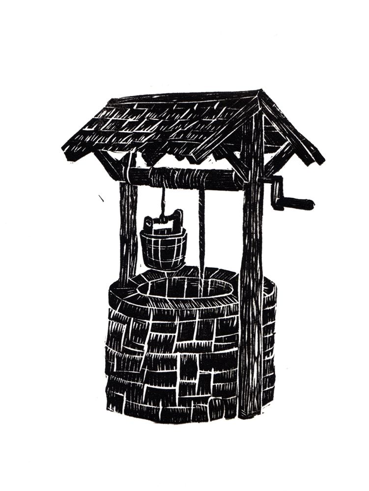 751x1000 Vintage Well, Stone Well, Water Well, Linocut Well Prints
