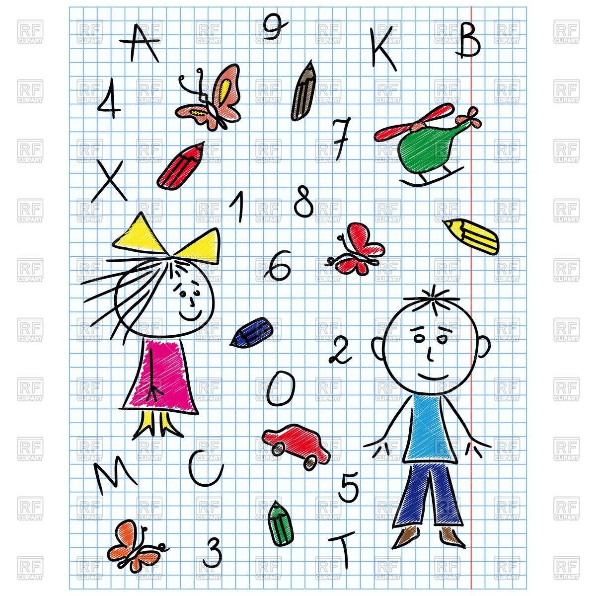 1200x1200 School Kit Hand Drawing Boy And Girl In Notebook Sheet Vector