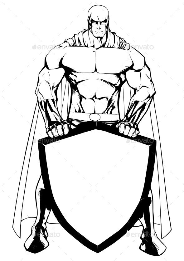 590x835 Line Art Illustration Of Powerful Superhero Holding Big Shield